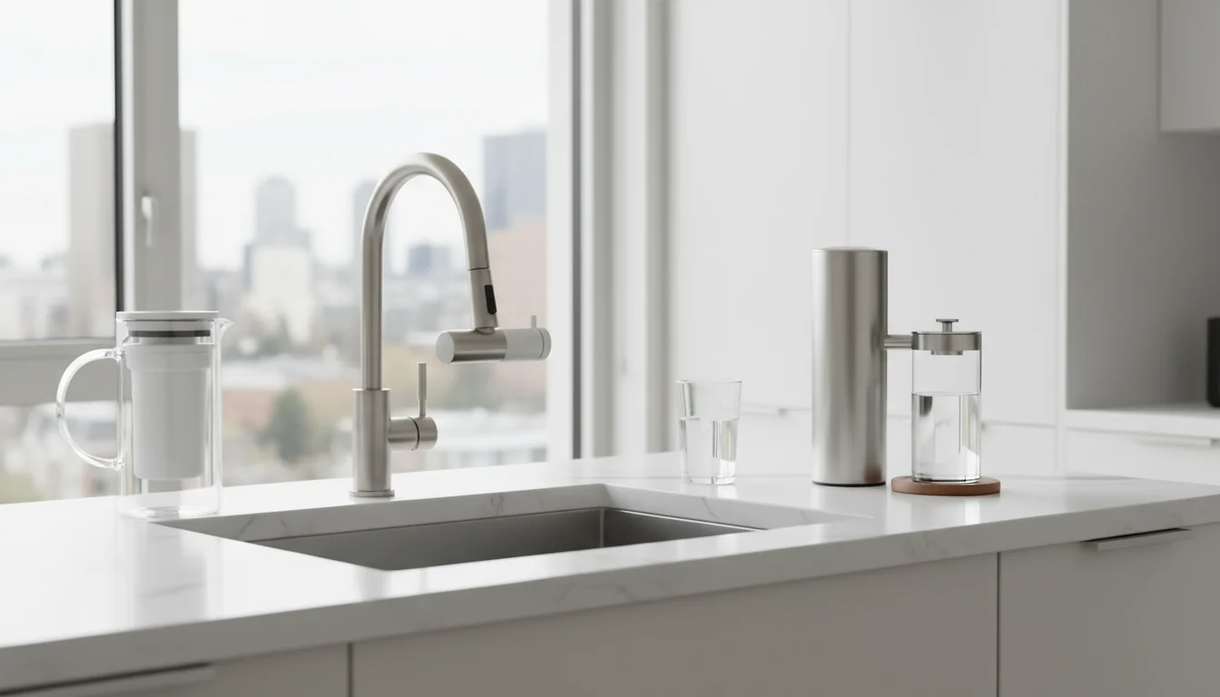 Countertop water filter and pitcher filter options arranged in an apartment kitchen