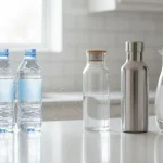 Generic plastic bottled water beside glass, stainless steel, and filtered water alternatives for reducing microplastic exposure.