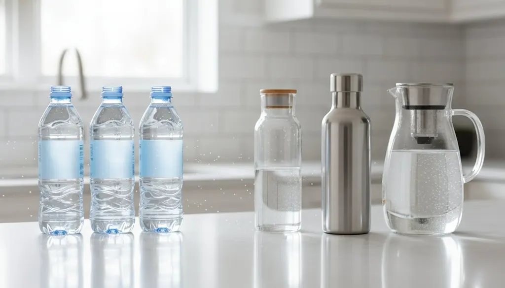 Generic plastic bottled water beside glass, stainless steel, and filtered water alternatives for reducing microplastic exposure.