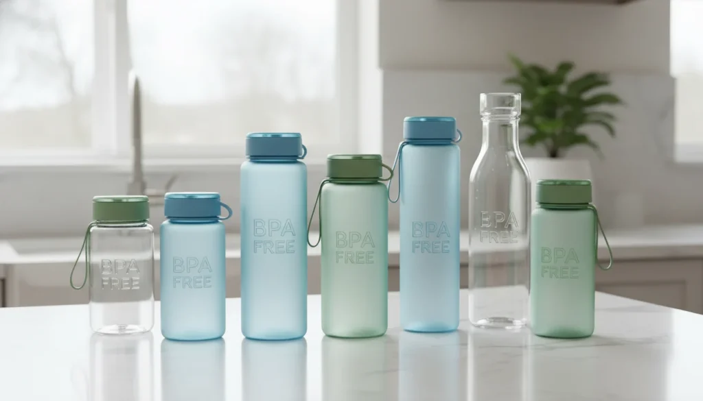 BPA free plastic water bottles on a kitchen counter