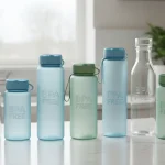 BPA free plastic water bottles on a kitchen counter