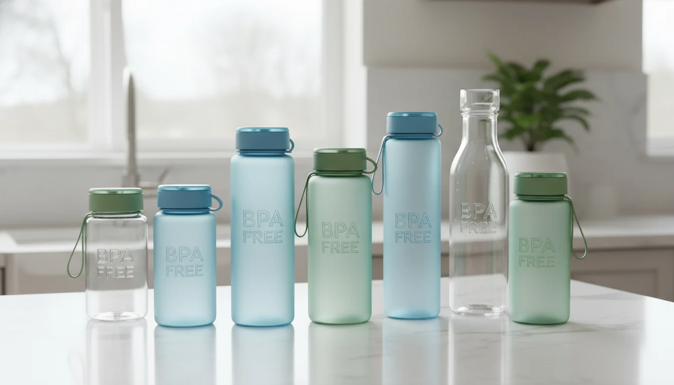 BPA free plastic water bottles on a kitchen counter