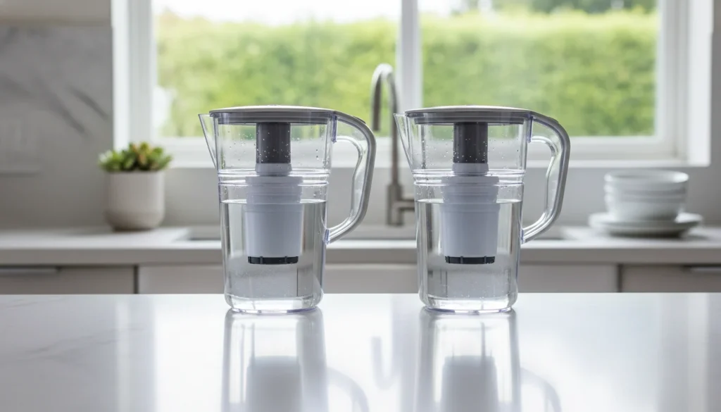 Brita and PUR water filter pitchers side by side on a kitchen counter