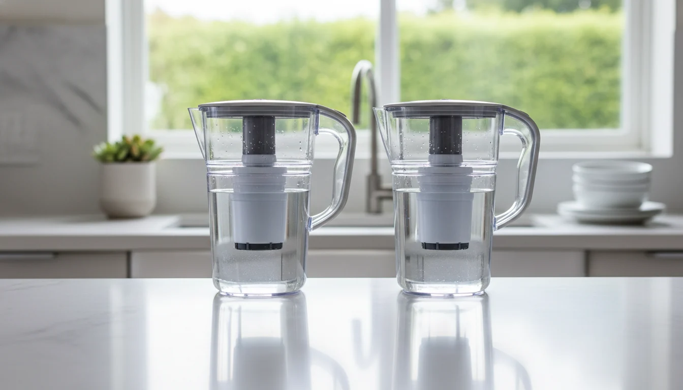 Brita and PUR water filter pitchers side by side on a kitchen counter