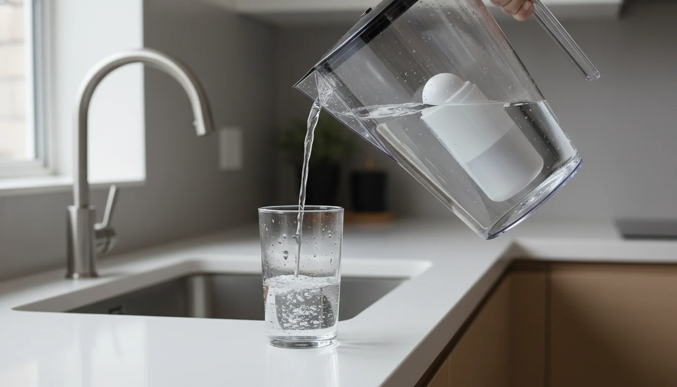 Close-up of a water filter pitcher pouring clear water into a glass
