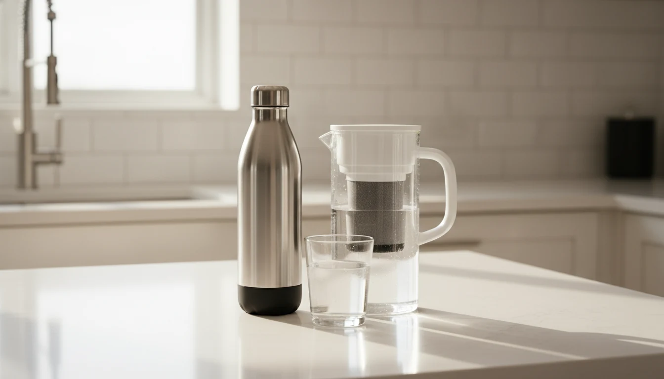 Reusable water bottle and home water filter options on a kitchen counter