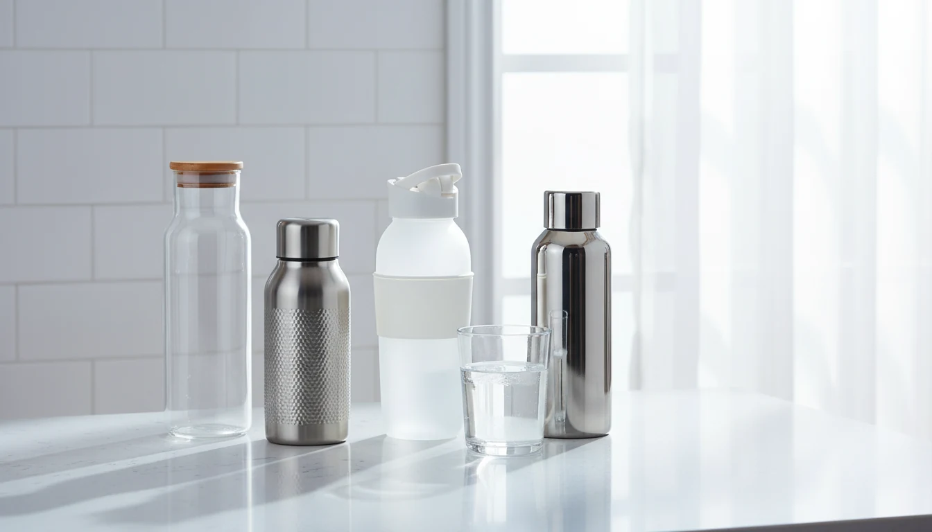BPA-free reusable water bottles on a clean kitchen counter