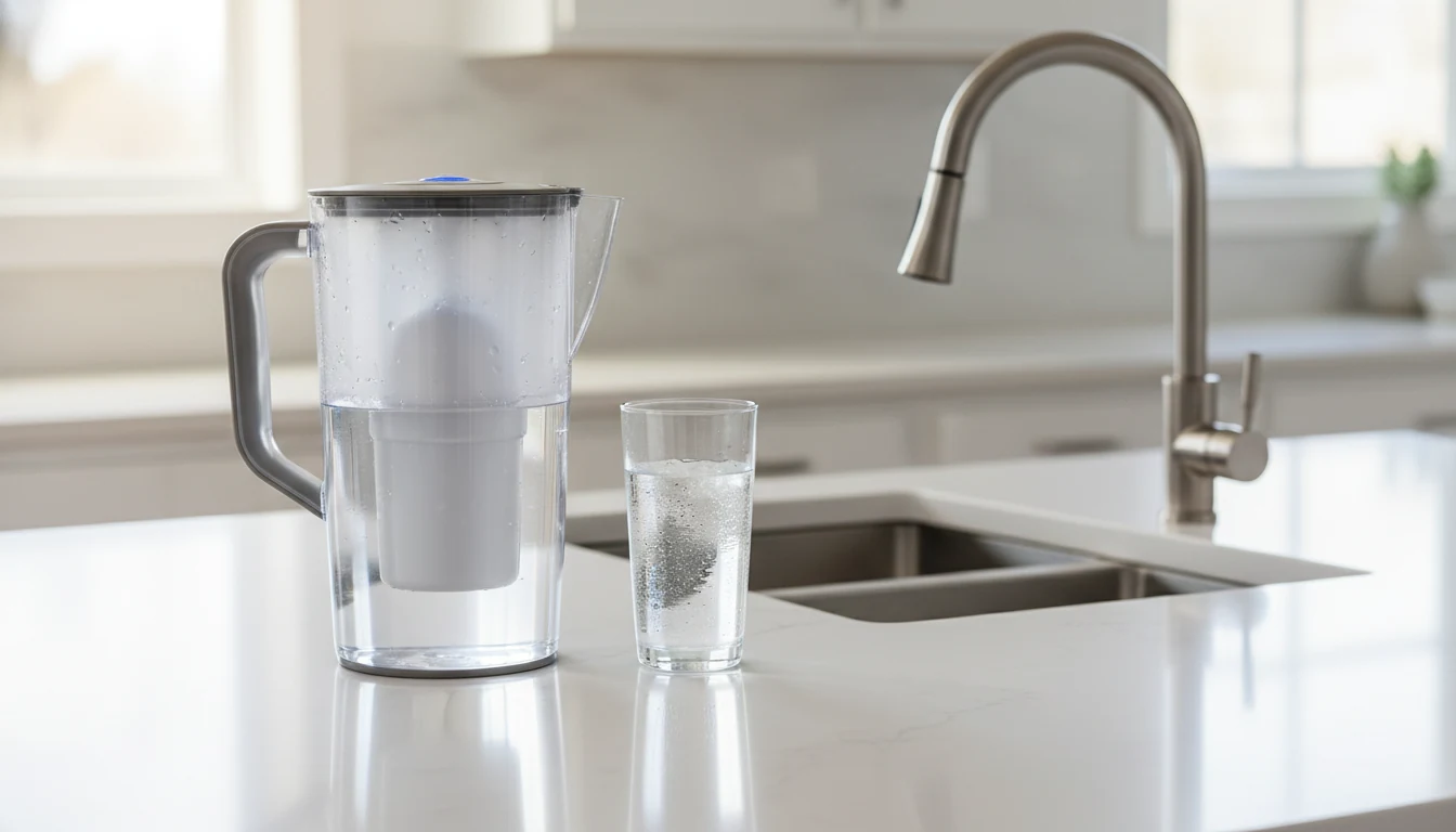 Home water filter pitcher on a clean kitchen counter