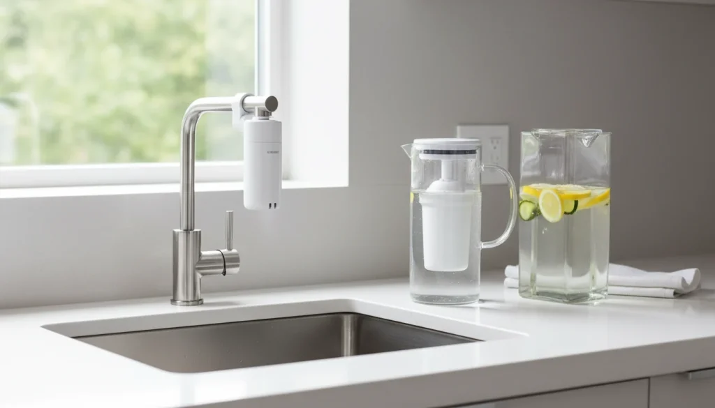 Faucet filter and water filter pitcher on a kitchen counter