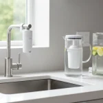 Faucet filter and water filter pitcher on a kitchen counter