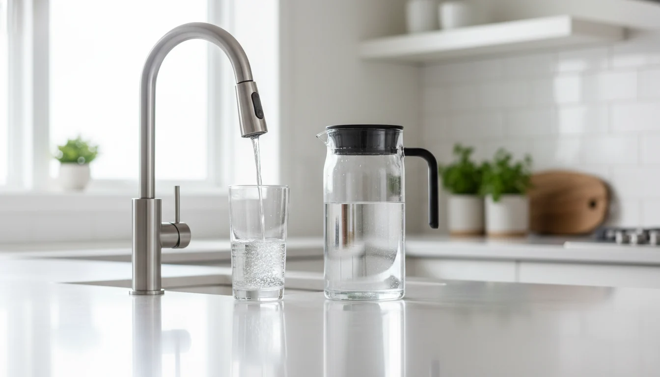Filtered water being poured near a water filter pitcher