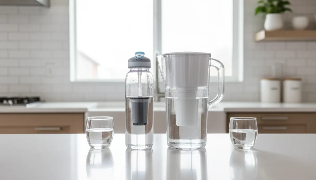 Filtered water bottle compared with water filter pitcher