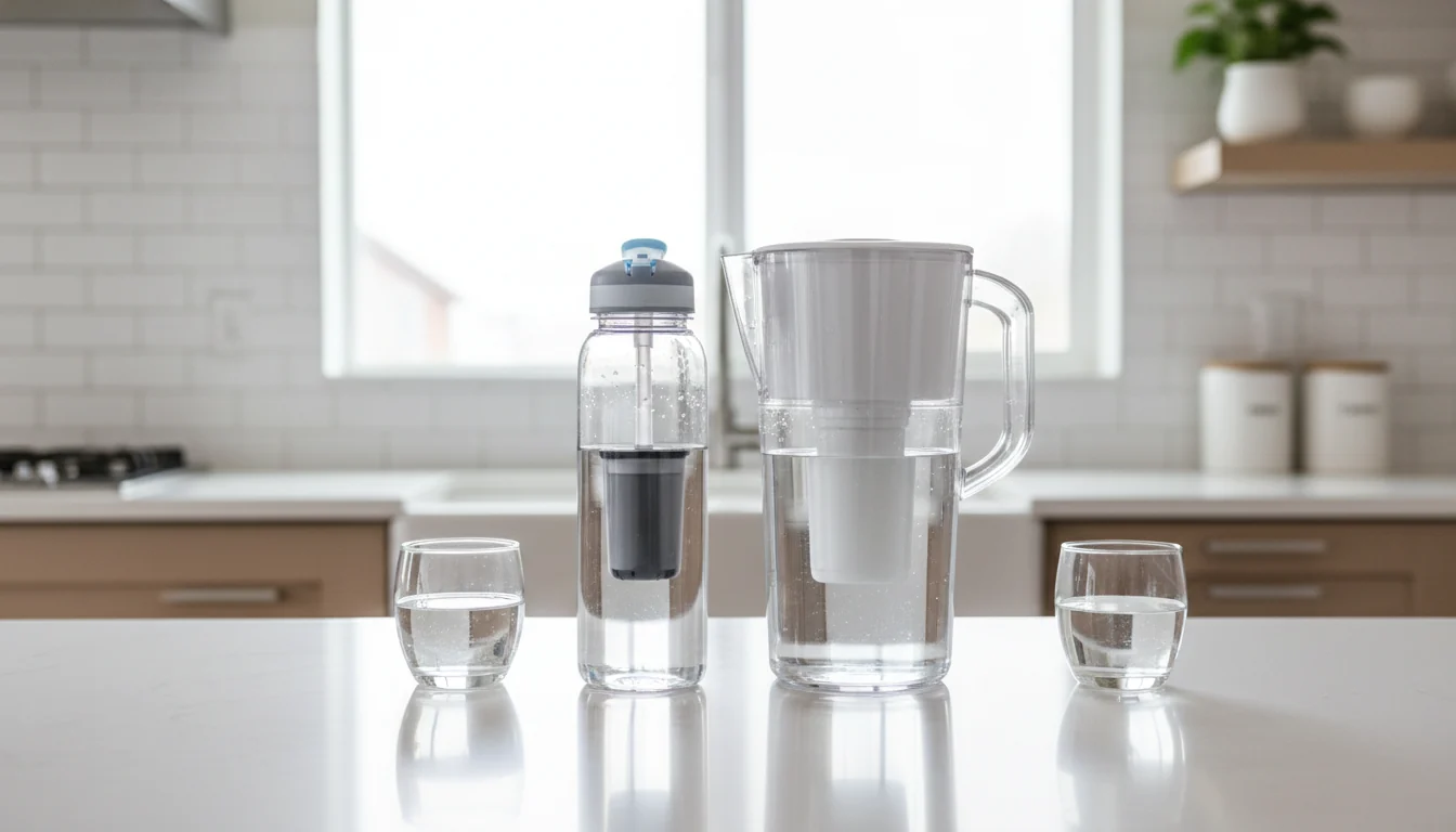 Filtered water bottle compared with water filter pitcher