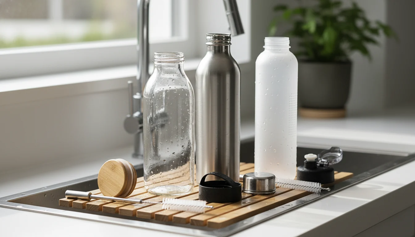 cleaning glass stainless steel and plastic water bottles