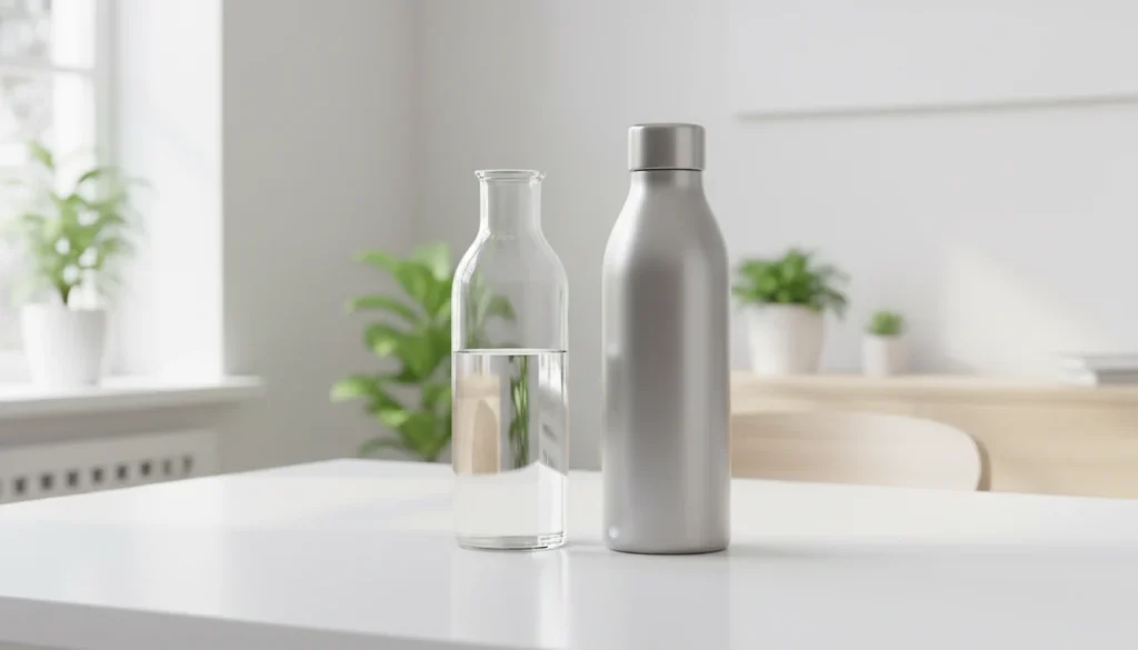 Glass and stainless steel water bottles side by side