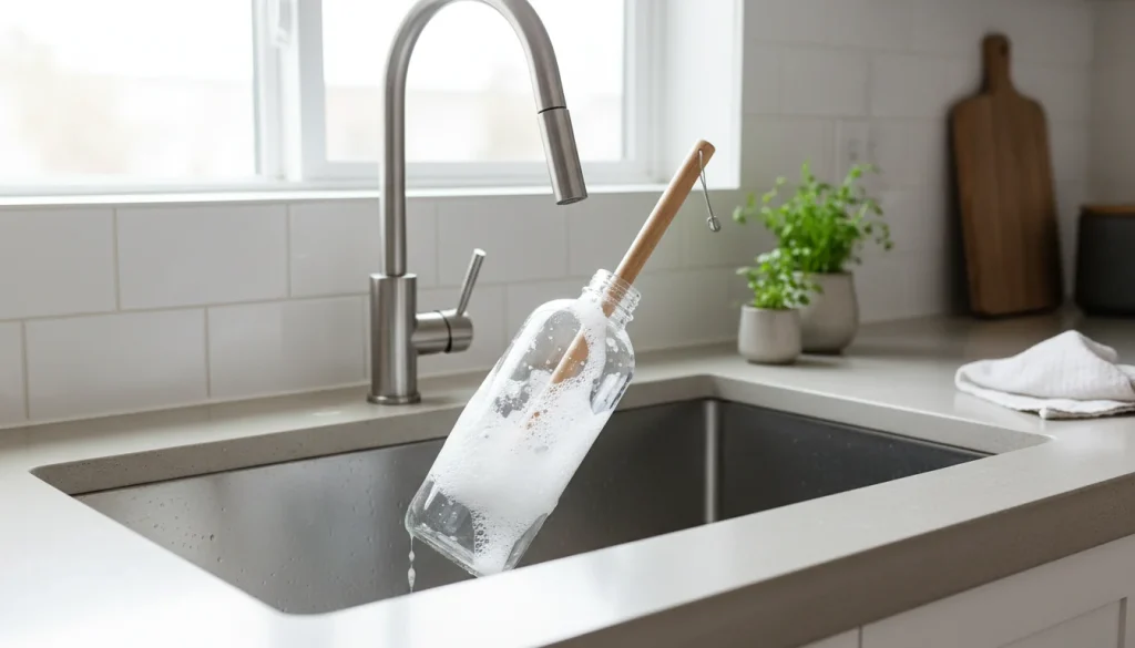 Cleaning a reusable water bottle with a brush
