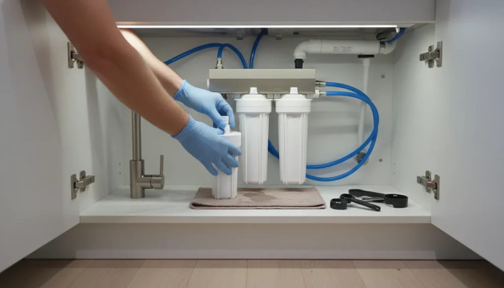 Homeowner replacing a water filter cartridge under a kitchen sink