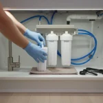 Homeowner replacing a water filter cartridge under a kitchen sink