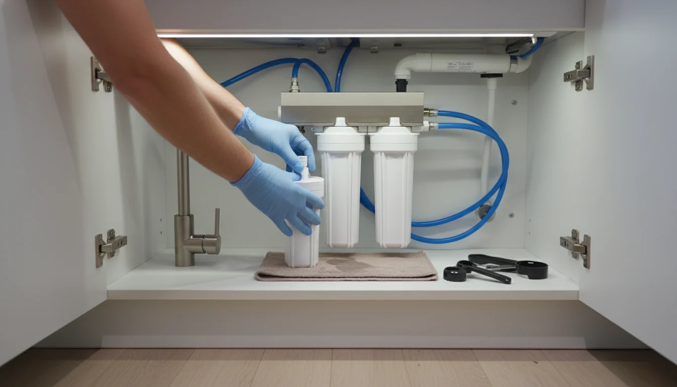 Homeowner replacing a water filter cartridge under a kitchen sink