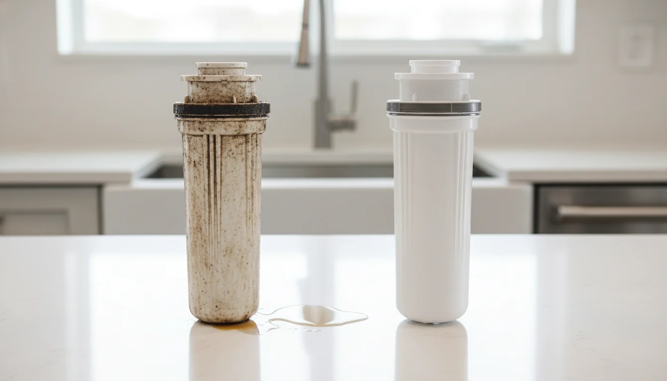 Used and new water filter cartridges side by side on a counter