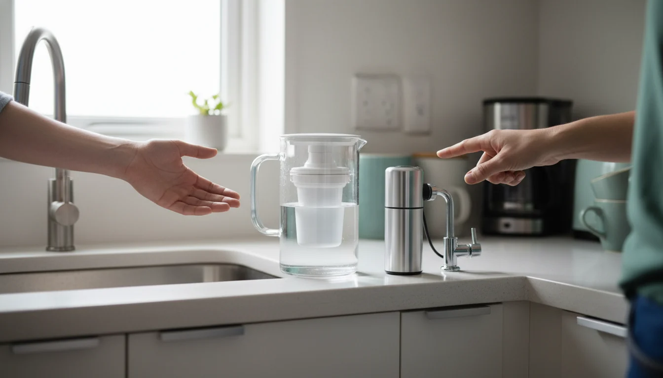 Comparing apartment water filter options in a small kitchen
