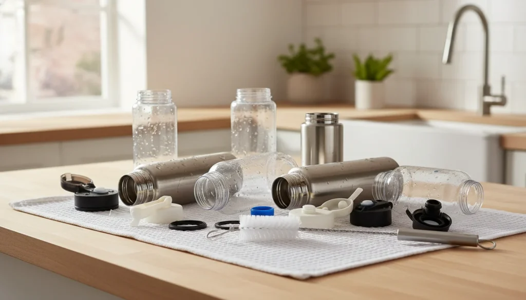 Water bottle parts drying after cleaning
