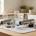 Water bottle parts drying after cleaning