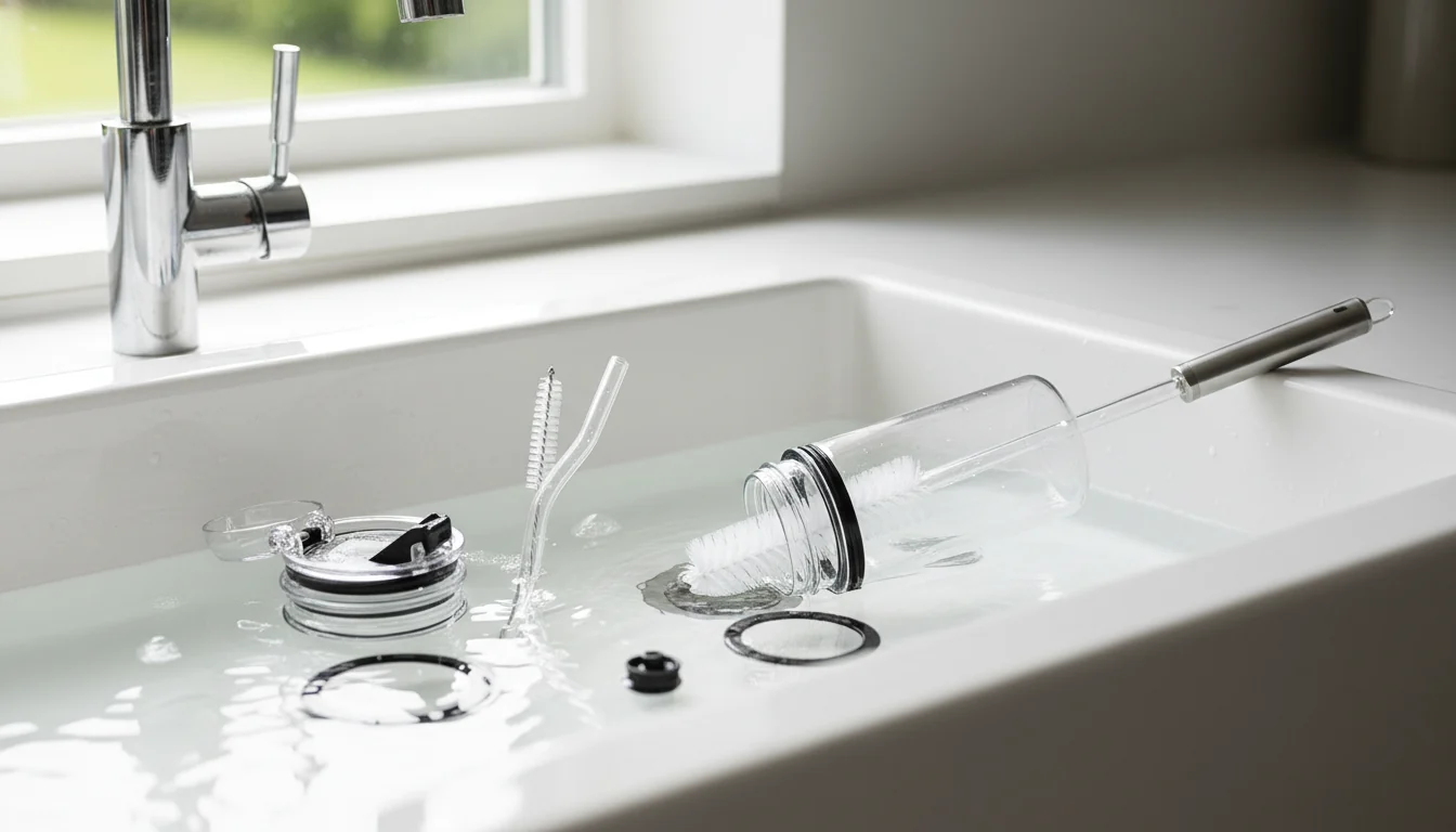 Cleaning a reusable water bottle lid with small brushes