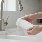 New water filter being flushed under a kitchen faucet