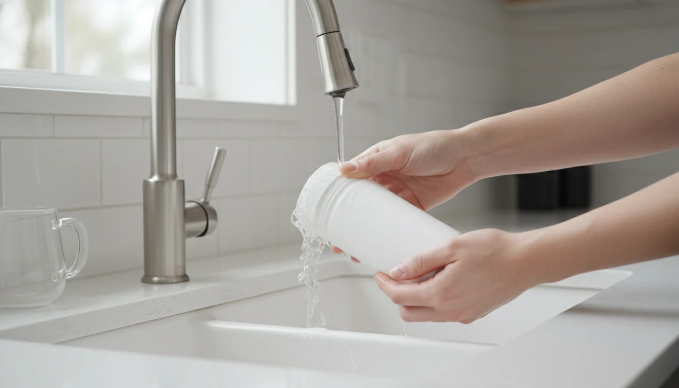 New water filter being flushed under a kitchen faucet