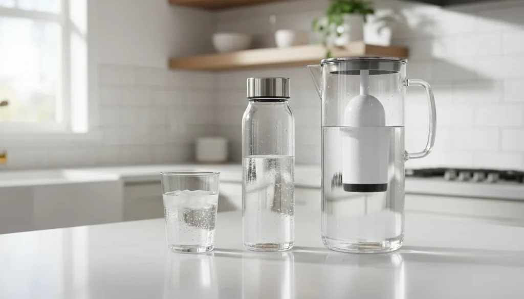Filtered tap water in a glass beside a reusable bottle and pitcher