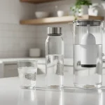Filtered tap water in a glass beside a reusable bottle and pitcher