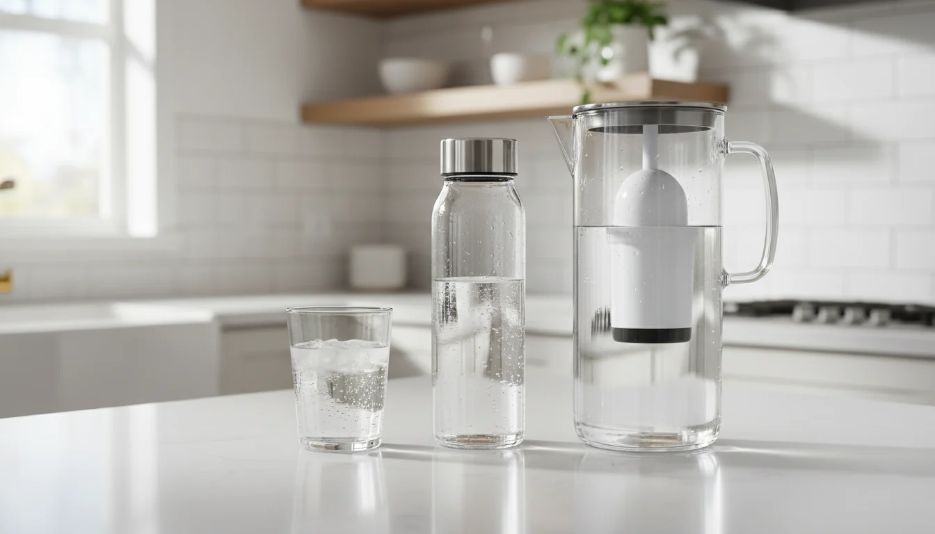 Filtered tap water in a glass beside a reusable bottle and pitcher