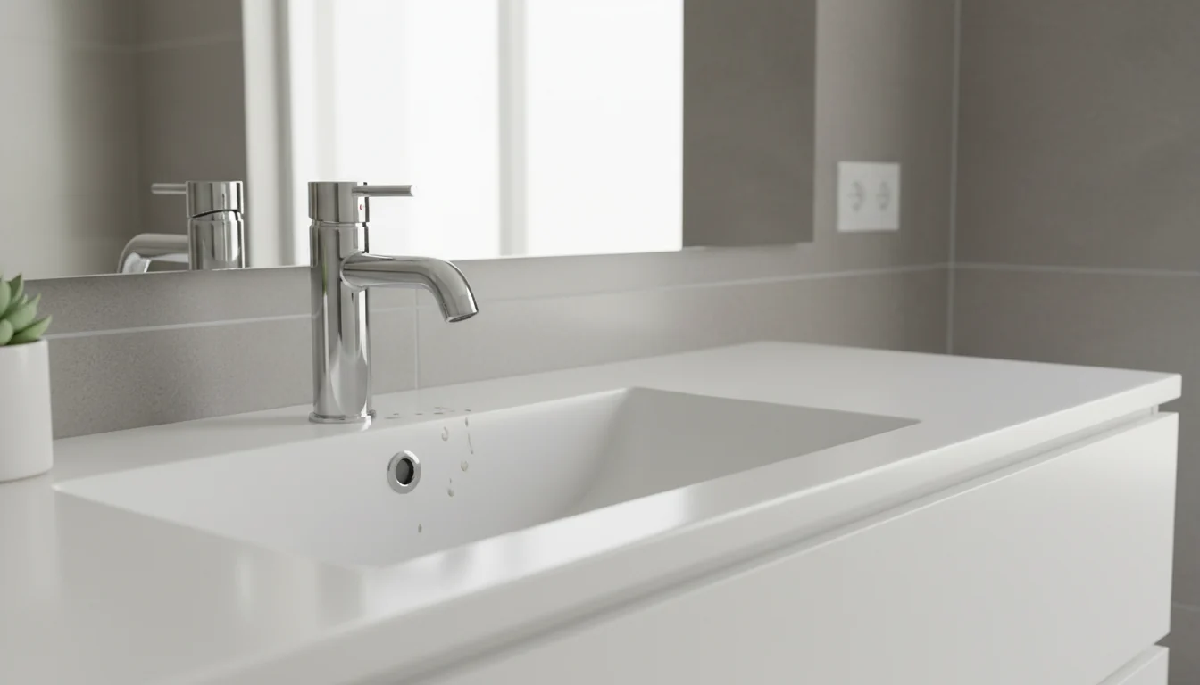 Bathroom faucet with visible hard water spots near a clean sink