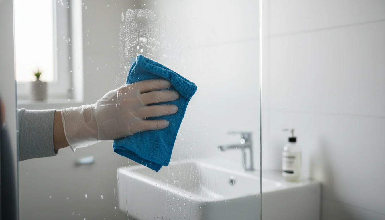 Person wiping hard water stains from a glass shower door with a microfiber cloth