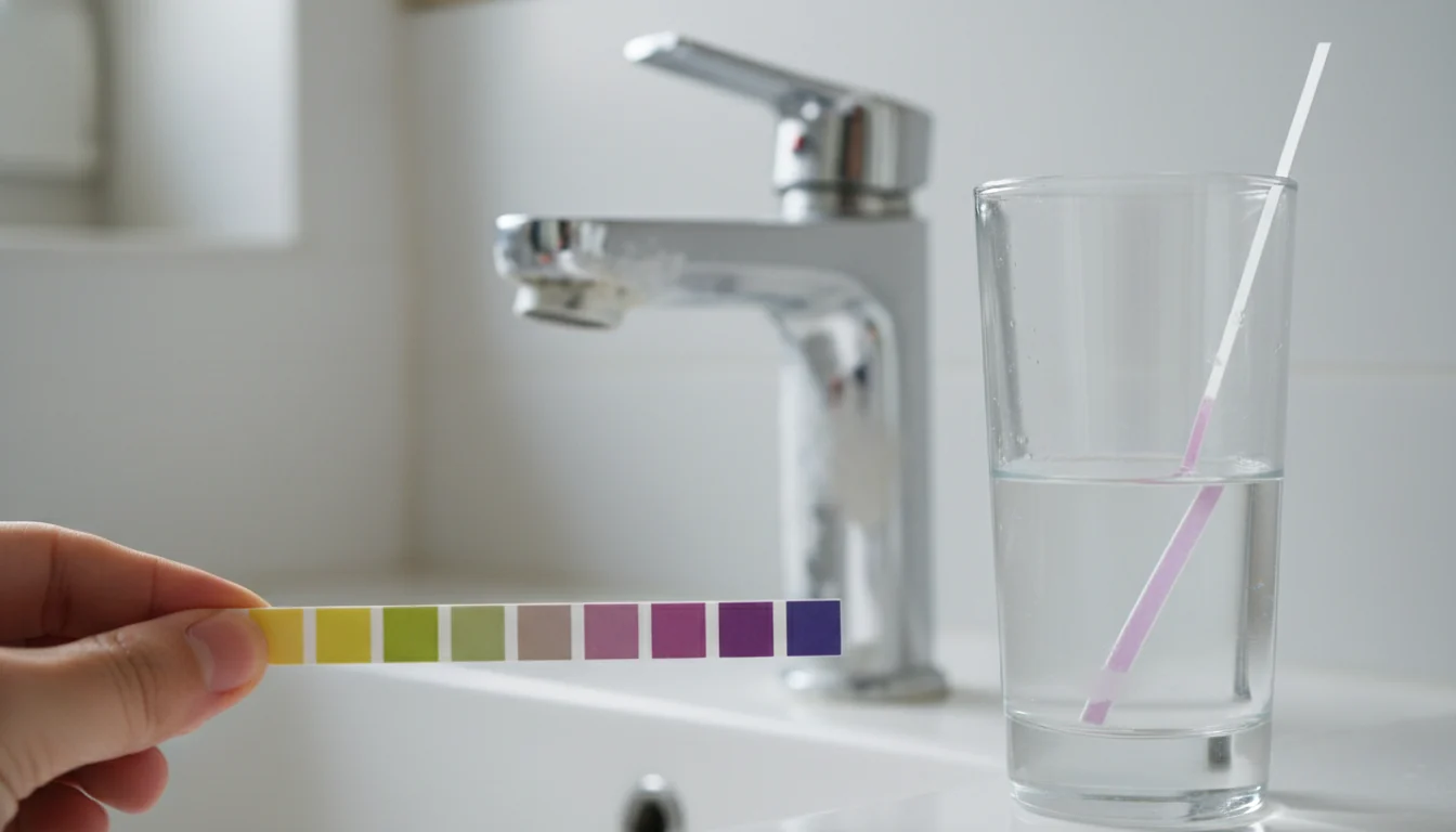 Hard water test strip and color chart near faucet scale