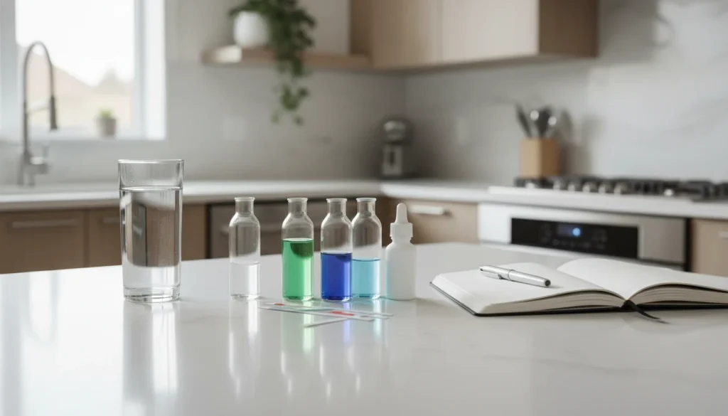 Home water test kit beside a glass of tap water on a kitchen counter