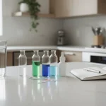 Home water test kit beside a glass of tap water on a kitchen counter