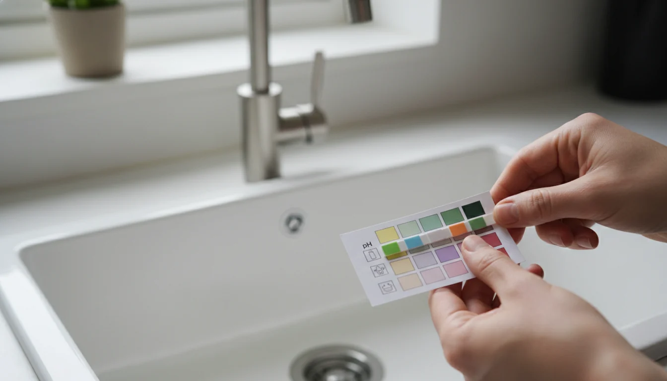 Person comparing a water test strip to a color chart at home