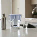 Bottled water compared with filtered tap water on a kitchen counter