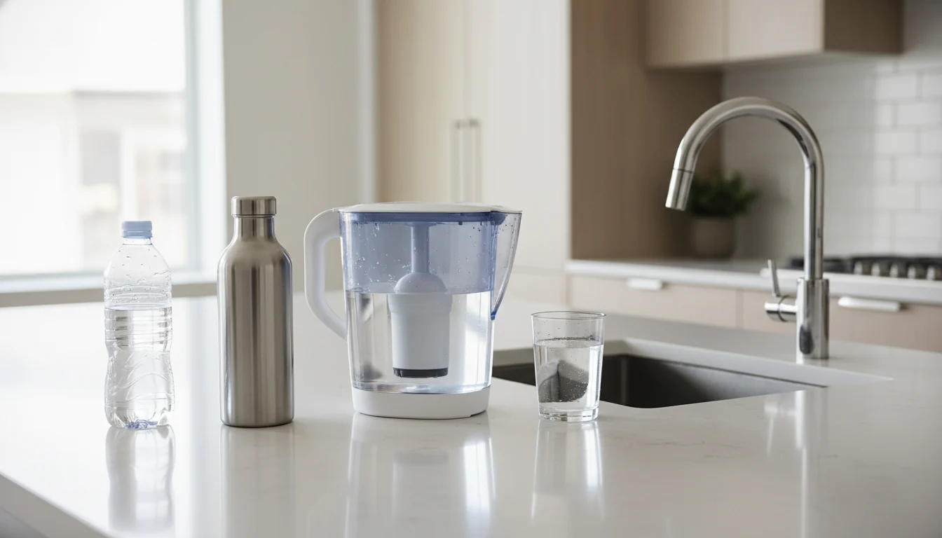 Bottled water compared with filtered tap water on a kitchen counter
