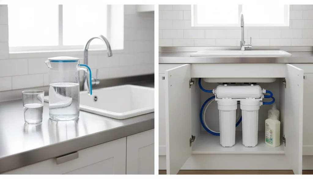 Water filter pitcher compared with an under sink water filter system