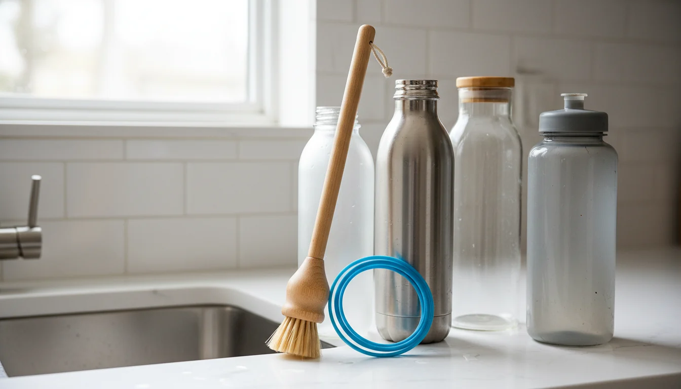 scratched plastic bottle beside safer glass and stainless steel alternatives