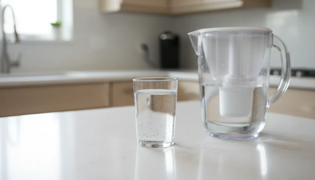 Black specks visible in a glass of filtered water