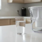 Black specks visible in a glass of filtered water