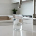 Glass of tap water near faucet with chlorine smell concern