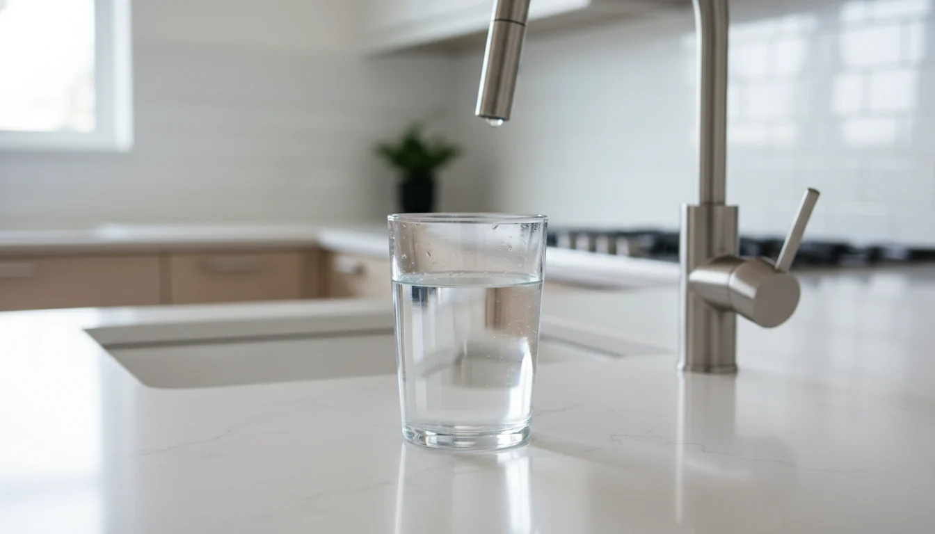 Glass of tap water near faucet with chlorine smell concern