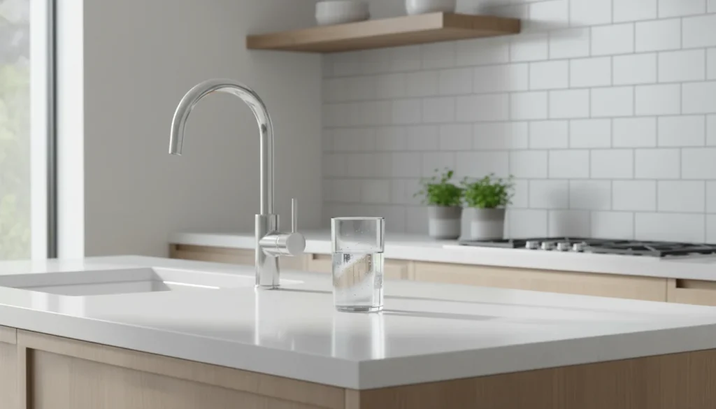 Clear glass of tap water beside a kitchen faucet