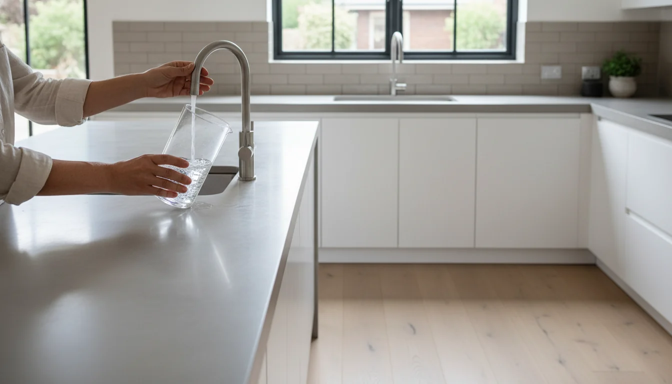 Homeowner filling a glass pitcher with tap water at the sink
