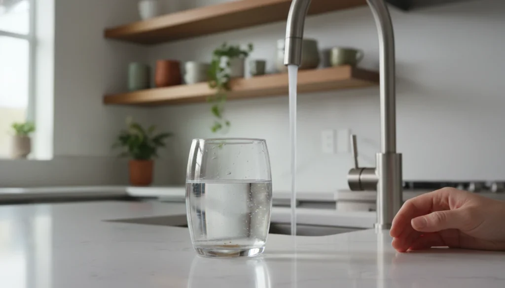Glass of tap water on a kitchen counter near a faucet